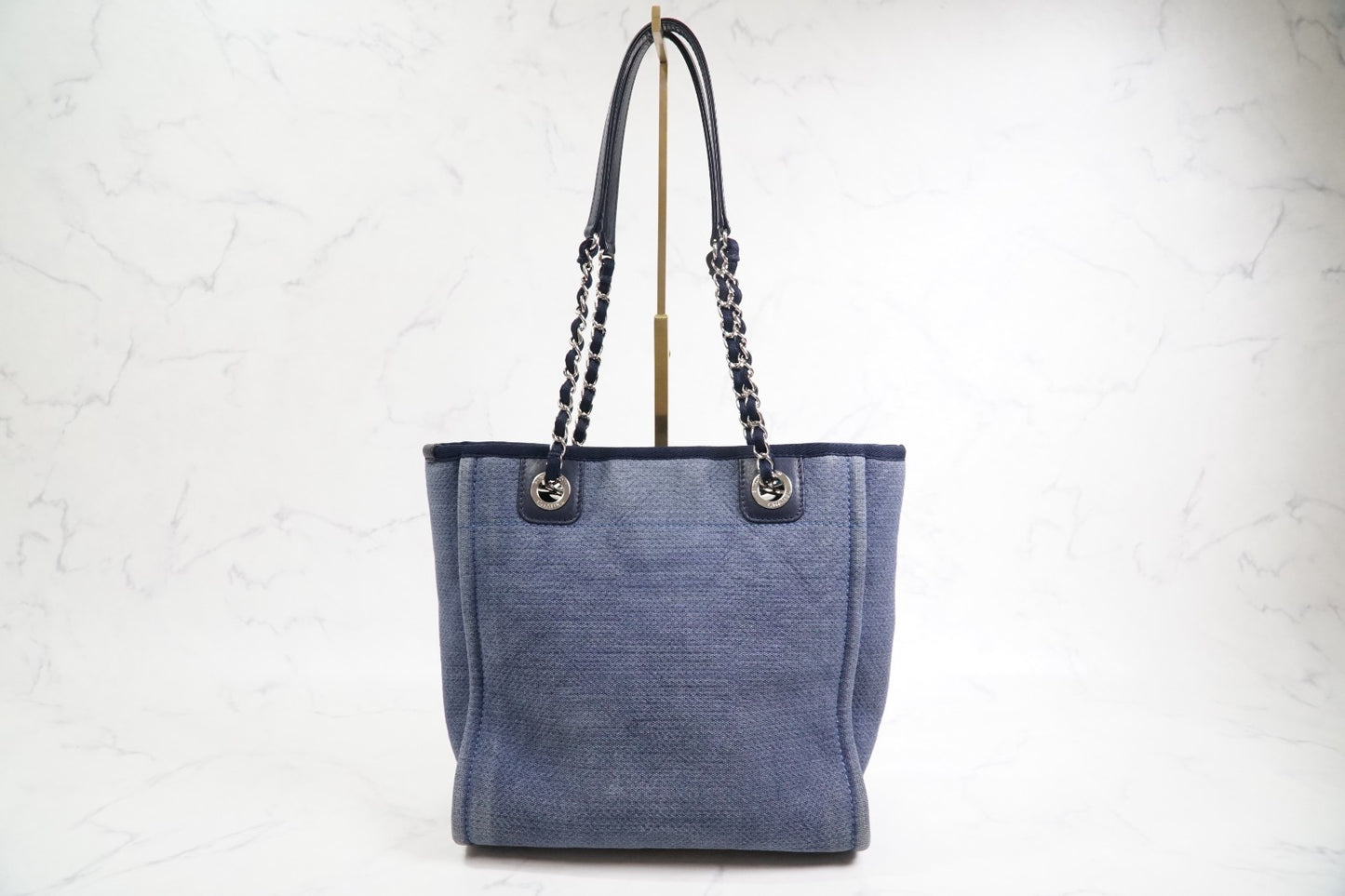 [Rank AB] CHANEL Deauville Canvas Chain Tote Bag Blue Navy Silver Hardware PM