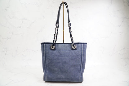 [Rank AB] CHANEL Deauville Canvas Chain Tote Bag Blue Navy Silver Hardware PM