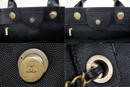 [VERY GOOD] CHANEL Deauville 2way Leather Tote Bag Caviar Skin Black Gold Auth