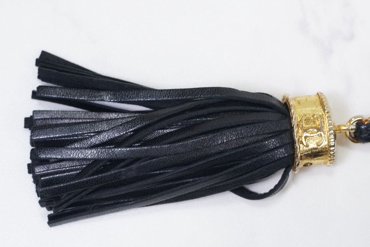 [Rank AB] CHANEL Matelasse Fringe Chain Shoulder Bag Black Lambskin Gold G Card