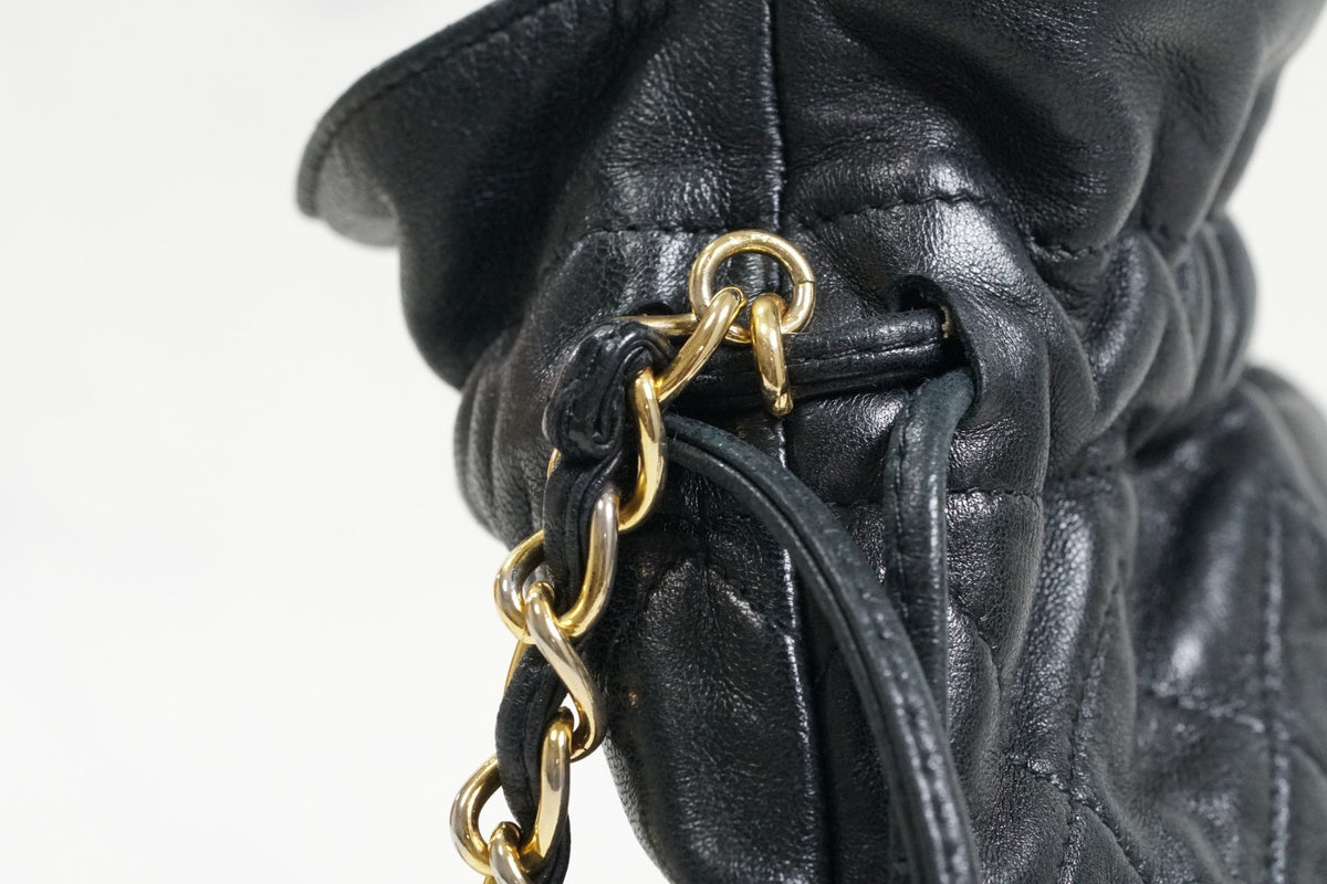 [AB] CHANEL Matelasse Quilted Drawstring Chain Shoulder Bag Lambskin Black Gold